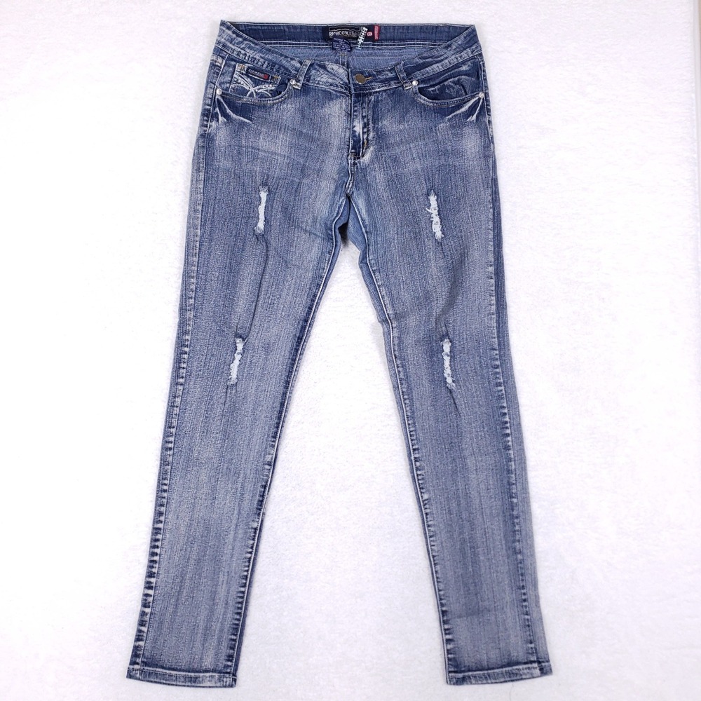 Rich Cow Jeans Women 15 Medium Wash Distressed Rhinestone Embroidered Y2K Skinny
